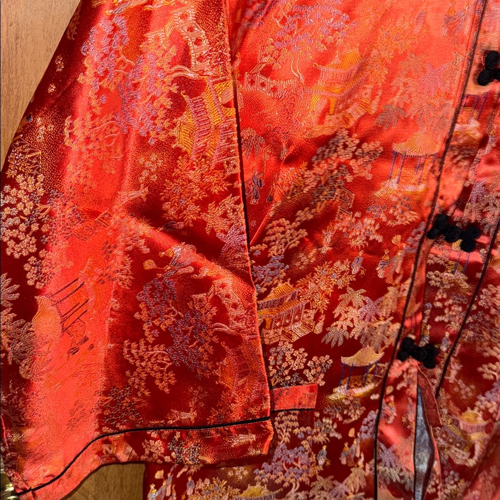 BEAUTIFUL VINTAGE ORANGE SILK ASIAN EMBROIDERED COAT LADIES JAPAN KIMONO Size M - Picture 4 of 9